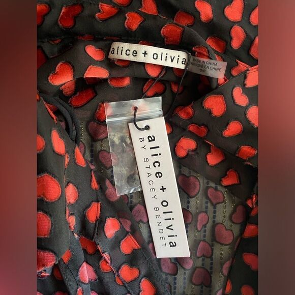 Alice + Olivia Shirt Womens Silk Small Black Red Hearts Printed Long Sleeve NWT - Picture 10 of 13